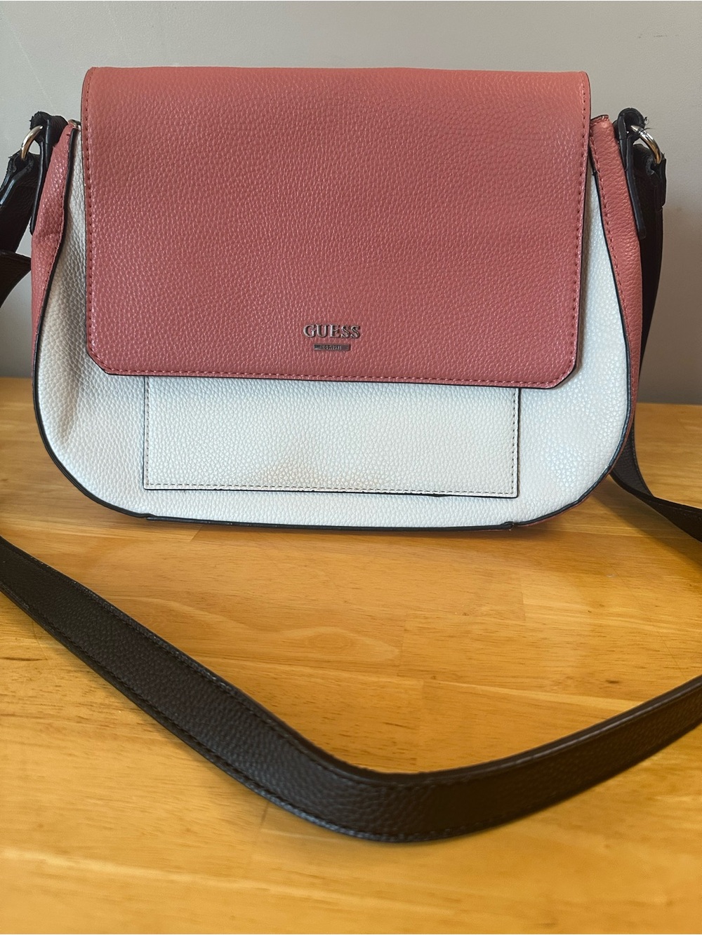 GUESS Two-Tone Rose & White Crossbody with Black Strap